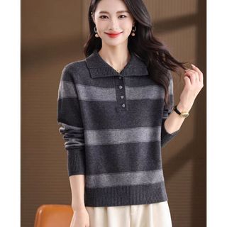 Áo len dệt kim sọc dài tay dáng ôm phiên bản Hàn Quốc, phù hợp đi làm