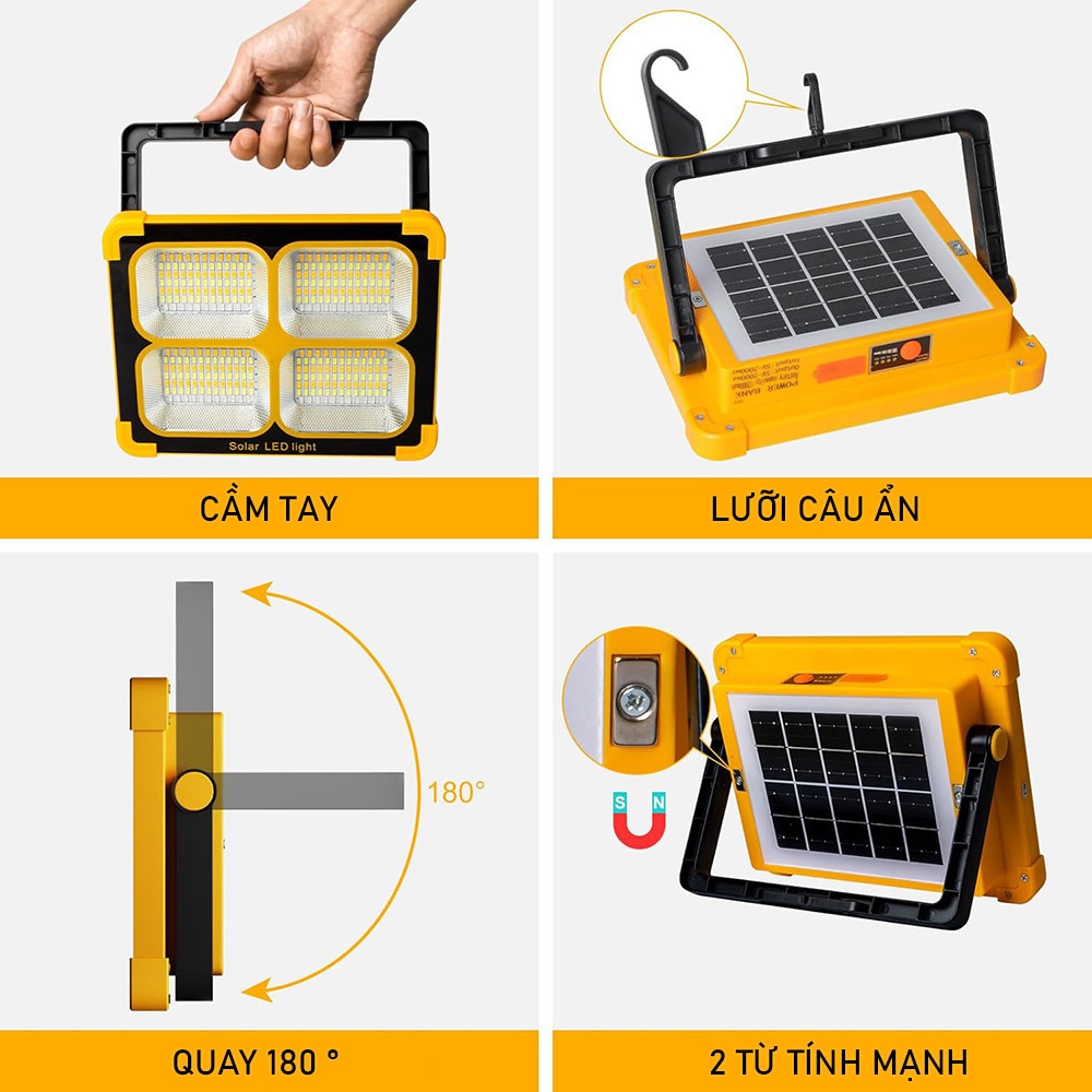 【24H】Đèn LED cầm tay năng lượng mặt trời 500W thiết kế chống nước tích hợp đèn cảnh báo an toàn cho hoạt động ngoài trời