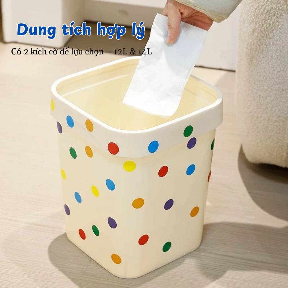 Thùng Rác Chấm Bi 12L/14L Thiết Kế Vuông Tiện Lợi DINO, Chất Liệu Nhựa PP Bền Chắc Decor Phòng Khách