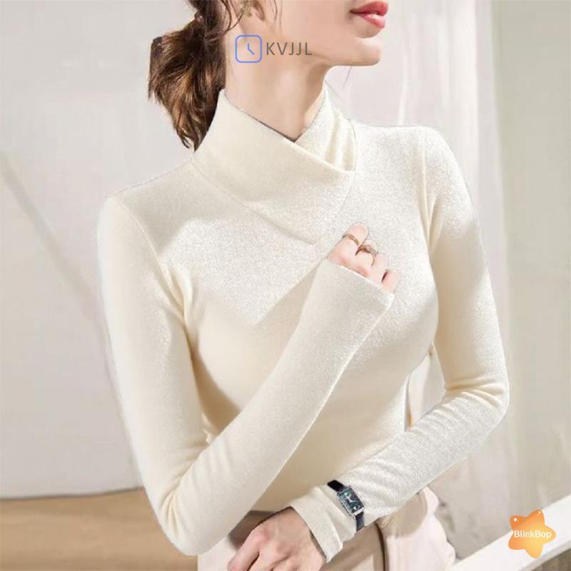 Áo thun nữ dài tay giữ nhiệt, hai mặt nhung, cổ chéo mỏng, vừa vặn