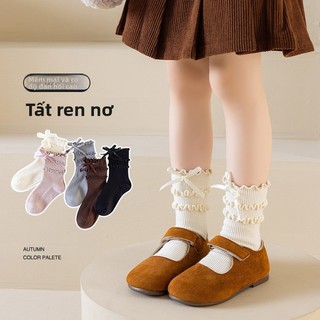 Vớ bé gái thắt nơ dễ thương – Tất cotton công chúa phong cách Hàn Quốc, viền bèo xinh xắn