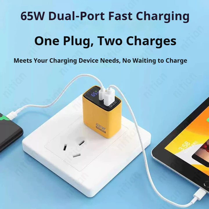 Bộ sạc nhanh 65W GaN USB + Type C Bộ sạc điện thoại treo tường cổng kép Sạc nhanh với màn hình kỹ thuật số Bộ chuyển đổi nguồn du lịch US / UK / EU Bộ – 5