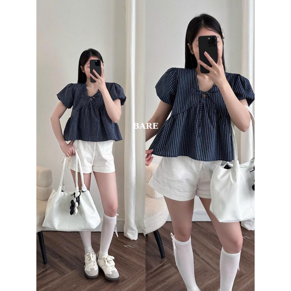 Áo Babydoll Sọc Tay Bồng Buộc Nơ – Kiểu Cổ Chữ V Thắt Nơ Form Xòe Freesize Vintage_A551