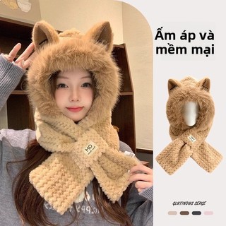 Mũ tai cáo lông xù xù nữ đông - Set 2 món bao cổ bảo tai, ấm chống lạnh liền thân