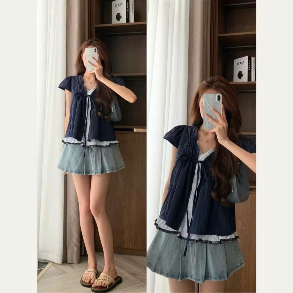Áo Babydoll Cổ V Phối Kẻ Mix Viền Ren  MA4066
