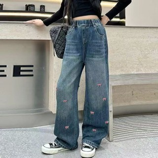 QuầN Jean ốNg SuôNg RộNg Cho Bé GáI ThiếT Kế ThêU HìNh Nơ MàU HồNg Phù QuầN ốNg RộNg Cho Bé GáI
