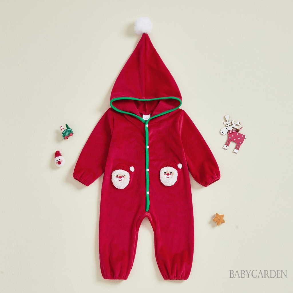 Áo liền quần Giáng sinh cho bé sơ sinh Áo liền quần thời trang ông già Noel thêu tay dài có mũ trùm đầu