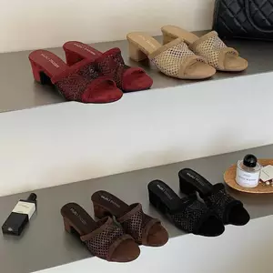 TT Tính Khí Dệt Mở Mũi Lật Nữ Mùa Hè Dày Gót Cao Gót Thoáng Khí Thời Trang Dép Dép Giày Sandal Giày Sandal