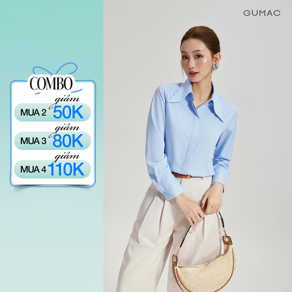 Áo Sơ Mi Nữ GUMAC Dài Tay Cổ Nhọn Cách Điệu Vải Kate Sợi Tre Cao Cấp Ít Nhăn AG04060