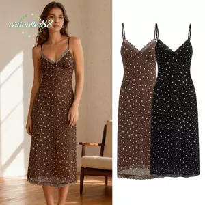 CATMALLER88 Đầm chấm bi, Đầm Maxi dài viền ren phong cách quây, Thiết kế trượt gợi cảm Spaghetti Dây đeo không tay Váy chữ A không tay