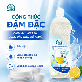 Nước Rửa Chén Đậm Đặc FeelCleans Lemon Đánh Bay Dầu Mỡ, Dịu Nhẹ Da Tay, Tinh Chất Trà Xanh 750ml