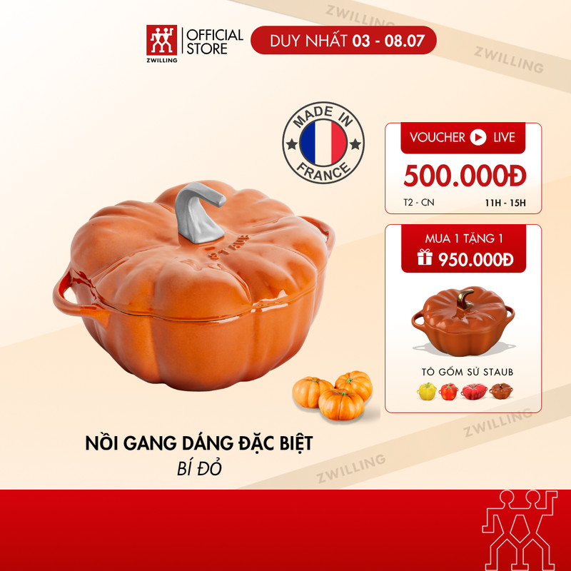 Nồi gang quả bí ngô STAUB Cocotte Pumpkin Cinnamon 24x22cm - xuất xứ tại Pháp, dùng được bếp từ