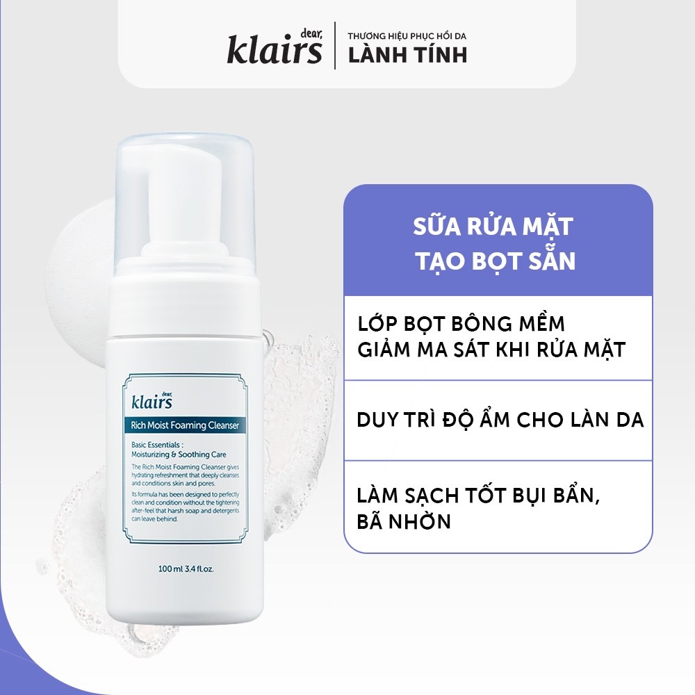 Sữa rửa mặt Dear, Klairs Rich Moist Foaming Cleanser duy trì độ ẩm cho làn da 100ml [FS]