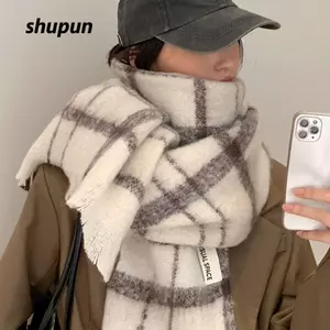 Khăn choàng Cashmere SHUPUN, Khăn kẻ sọc mùa đông ấm áp, Khăn choàng tua rua Mohair dày màu trắng thời trang dành cho nữ