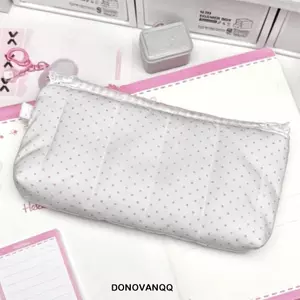 DONOVANQQ Túi lưu trữ ren kẻ sọc màu hồng, dễ thương có nắp đóng Hộp sắp xếp đa chức năng nhỏ gọn, với viền ren tinh tế Dây kéo vải mềm Gingham Hộp đựng bút chì ren du lịch
