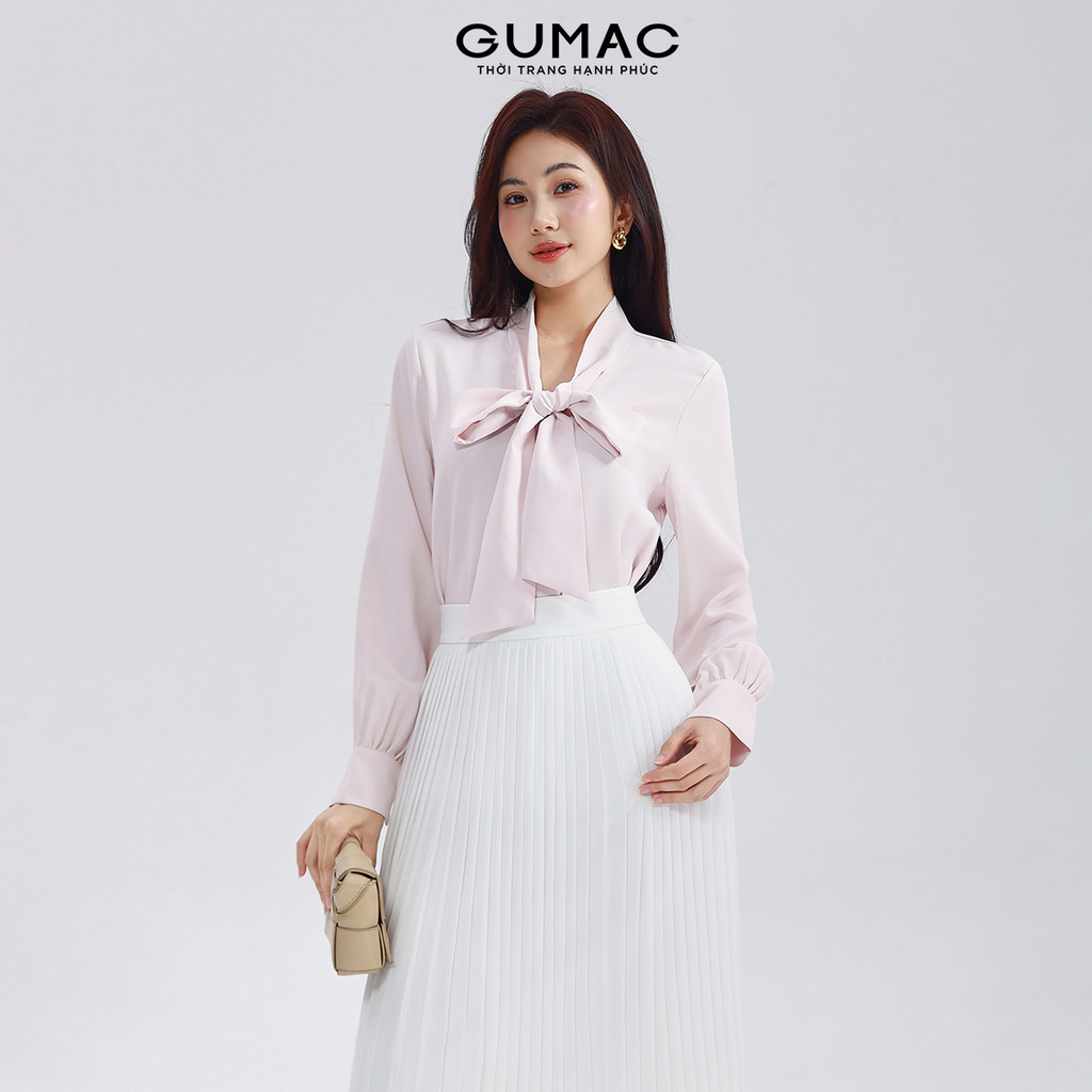 Áo Sơ Mi Nữ Chất Lụa Dáng Suông Tay Dài Kiểu Thắt Nơ Cổ Phía Sau Có Sẻ Giọt Nước Thời Trang GUMAC AF07029