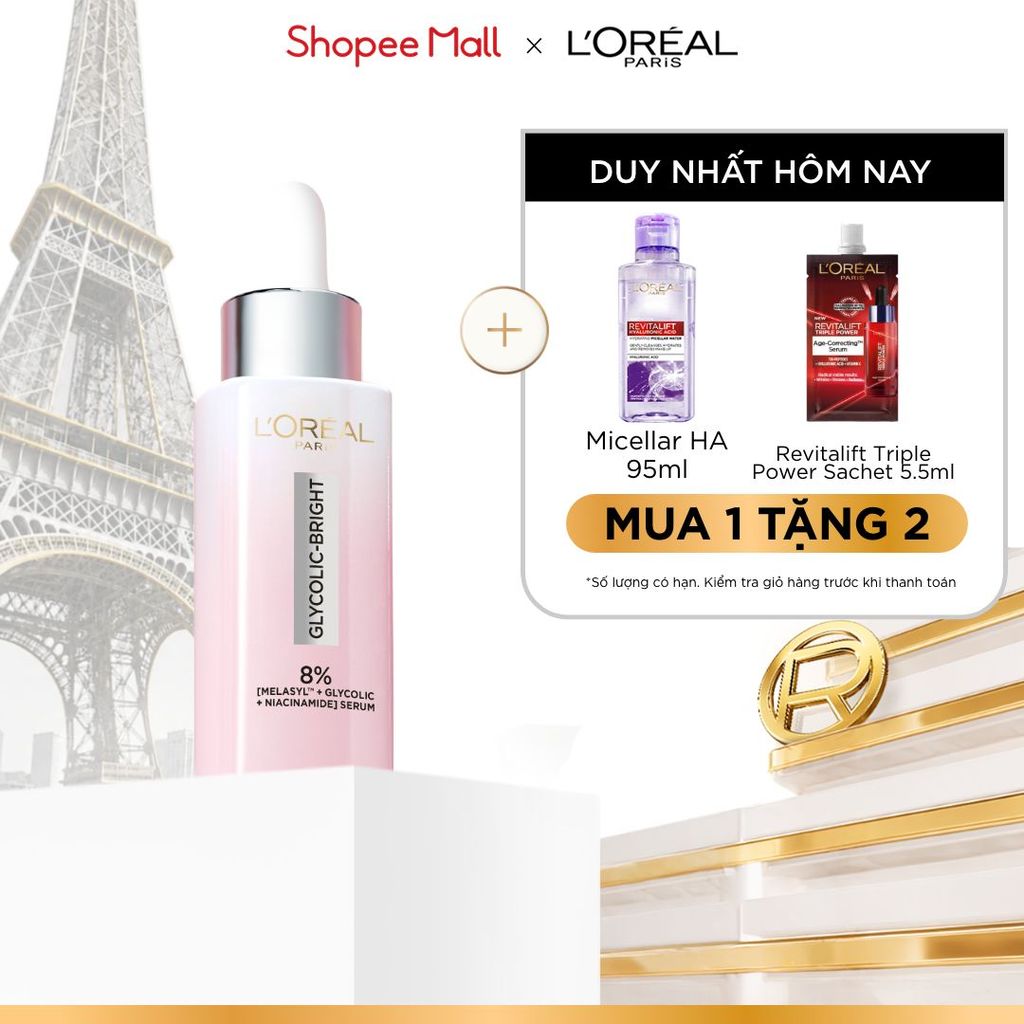 Serum Glycolic Melasyl 8% [Melasyl+Glycolic+Niacinamide] dưỡng sáng da, mờ thâm mụn & nám Loreal Paris 30ml