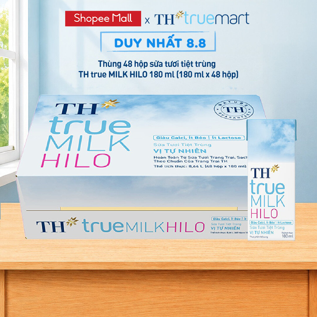 Thùng 48 hộp sữa tươi tiệt trùng TH true MILK HILO vị tự nhiên 180 ml (180 ml x 48)