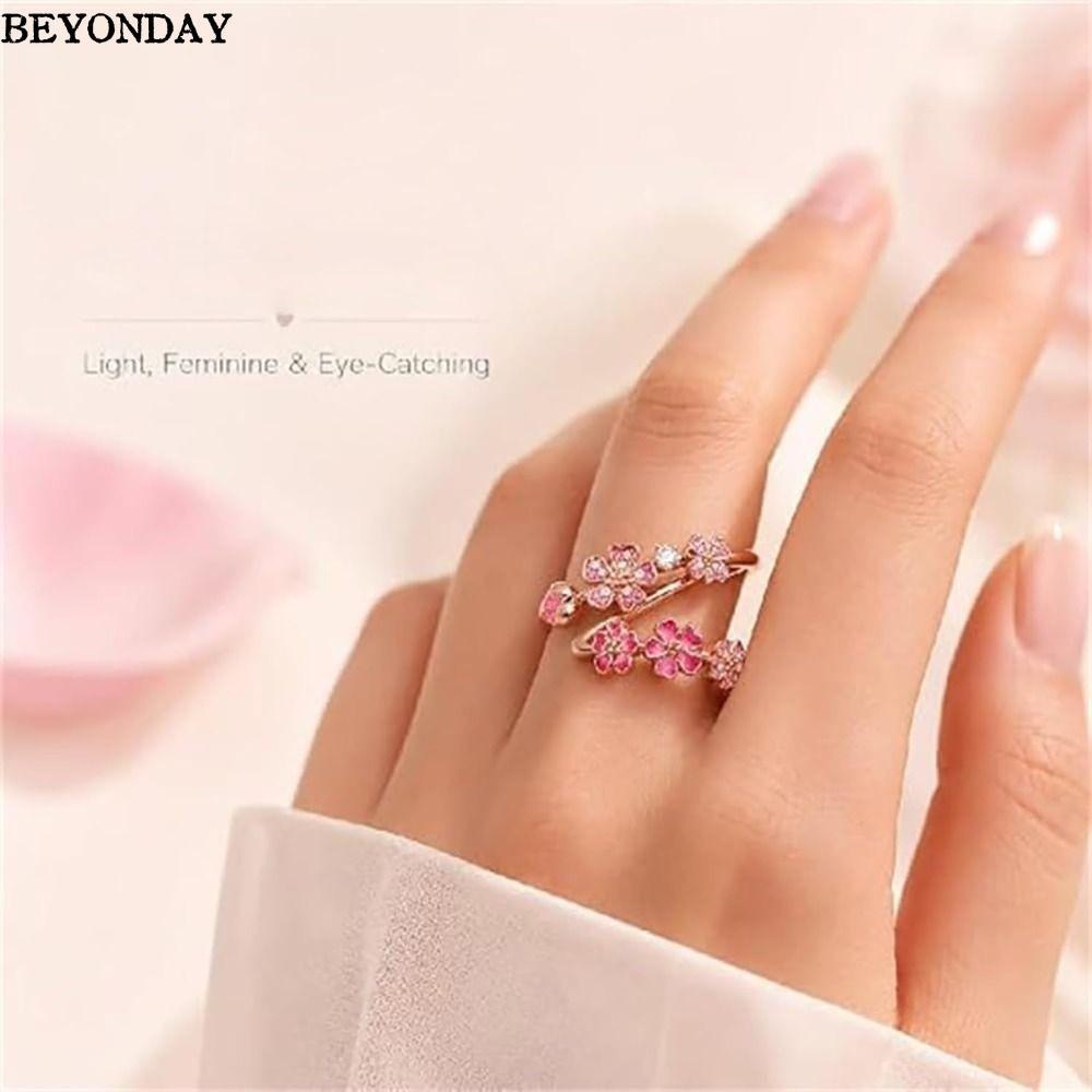BEYONDAY Nữ Hoa Đào Nhẫn, Pha Lê Accents Đá Quý Tôn Đá Quý Có Thể Điều Chỉnh Mở Nhẫn, Nhiều Kích Cỡ Nhẹ Hoa Hồng Mạ Vàng Nhẫn Hộp Đính Hôn Cưới