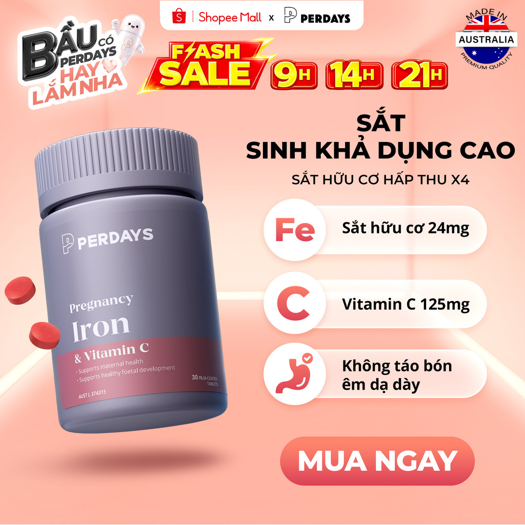 [Flash Sale] Sắt Bầu Hữu Cơ Perdays Sinh Khả Dụng Cao Ngừa Thiếu Máu Thiếu Sắt Cho Mẹ Bầu Lọ 30 Viên