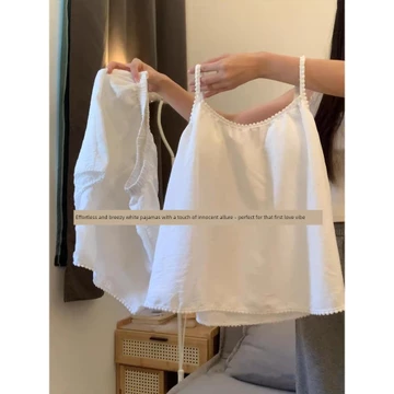 đồ bộ nữ sang chảnh set xinh Bộ đồ ngủ hai dây có đệm ngực màu trắng ánh trăng cho nữ bộ đồ mặc nhà mẫu mới cho nữ vải bông mây mùa hè cho nữ 2026