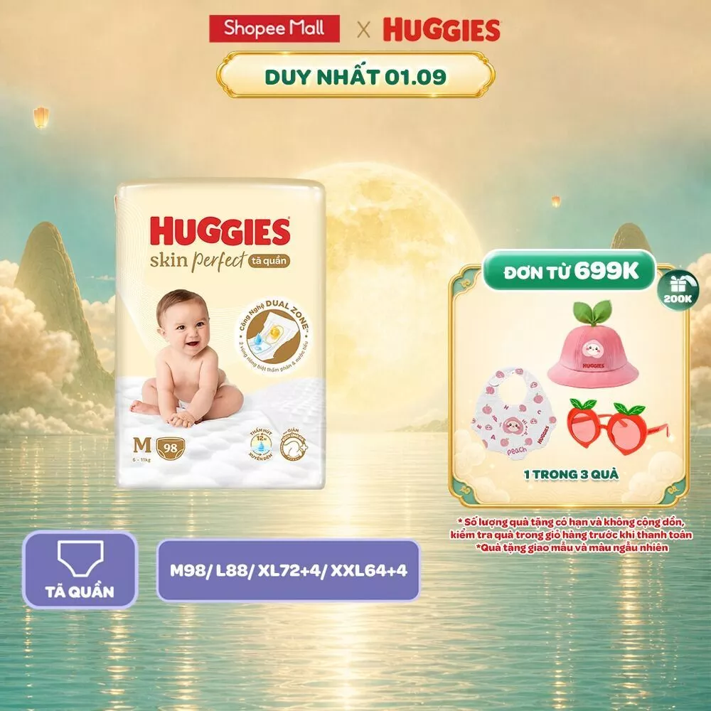 Tã quần Huggies Skin Perfect Mega Jumbo cỡ M/L/XL/XXL với 2 vùng thấm giảm kích ứng da
