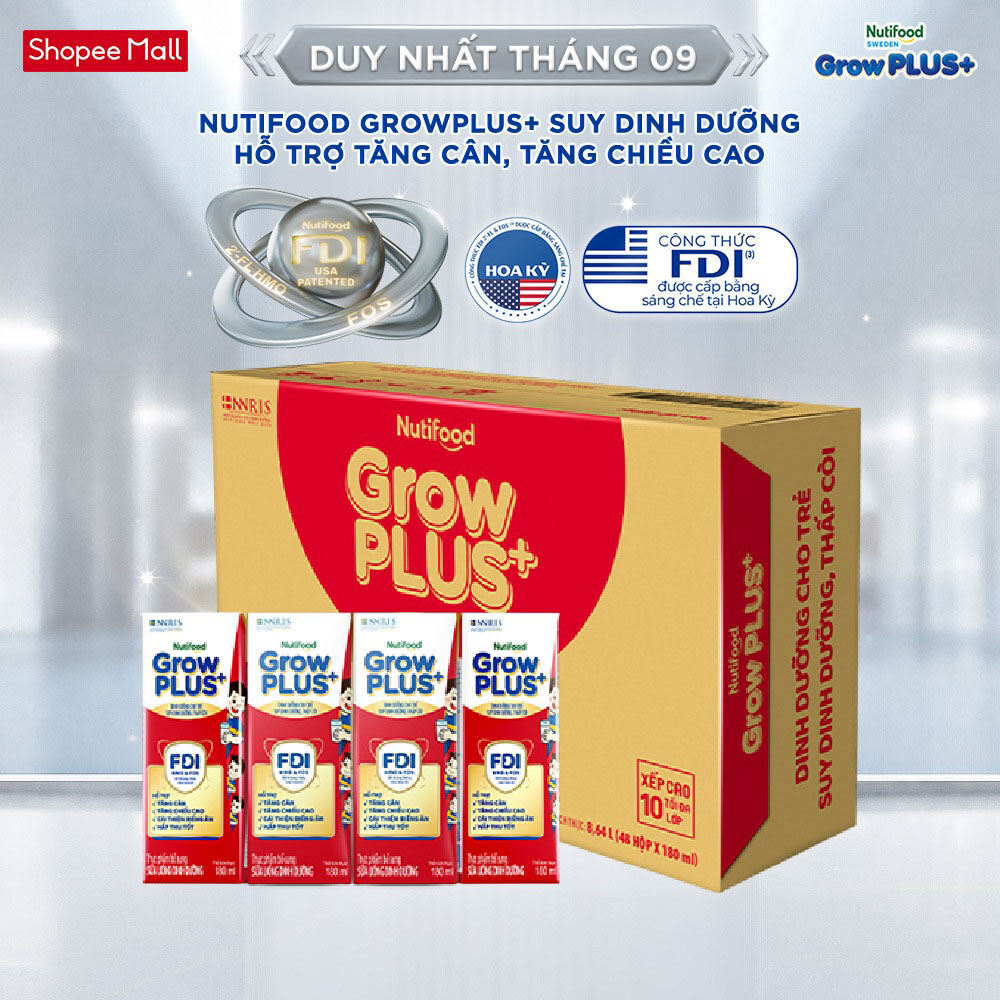 Thùng SBPS Nutifood GrowPLUS+ Đỏ (Suy Dinh Dưỡng) - Tăng Cân, Tăng Chiều Cao (48 Hộp x 180ml) (Bao bì tùy lô hàng)