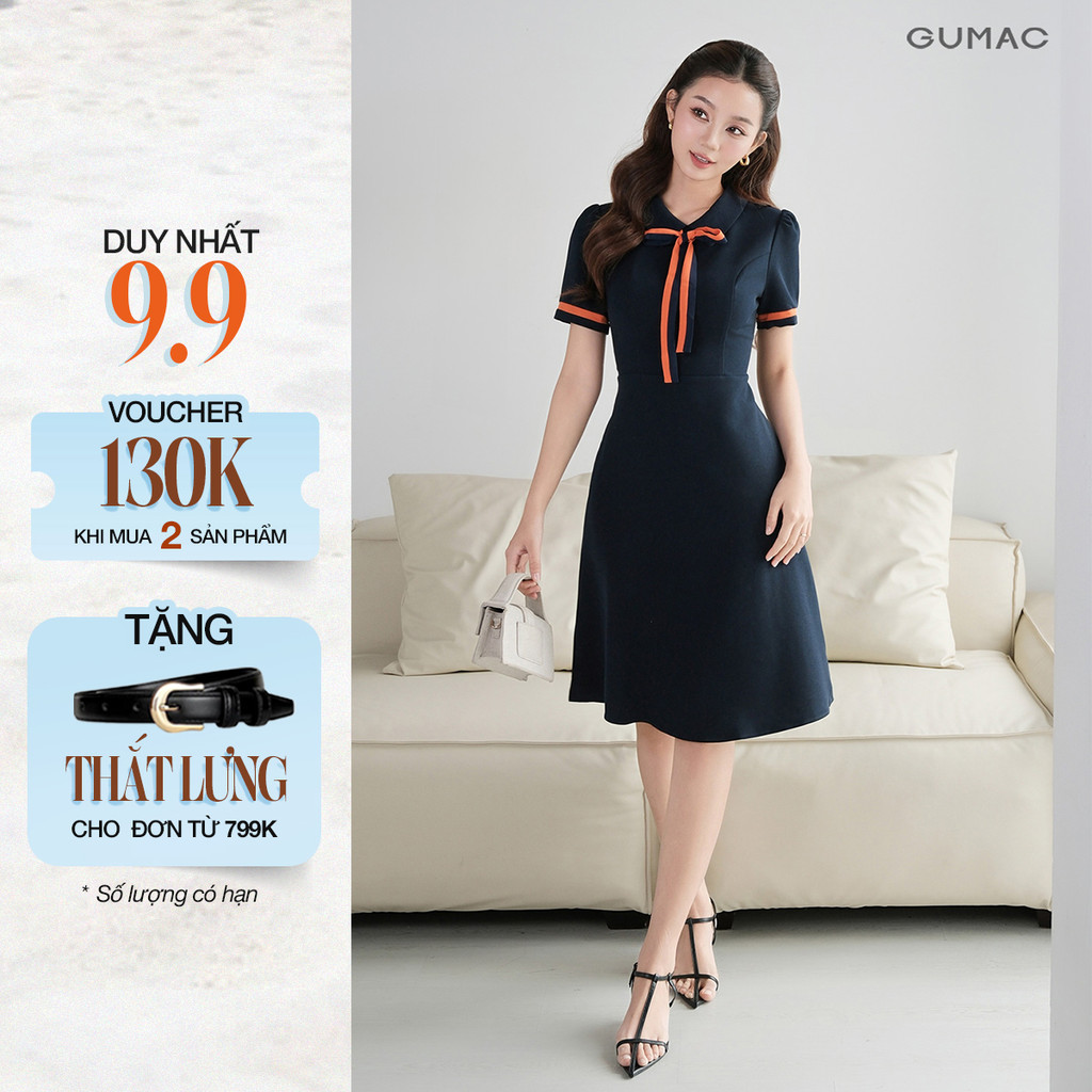 Đầm Chữ A Nữ GUMAC Váy Công Sở Phối Nơ Cổ Tôn Dáng Vải Tuyết Mưa Cao Cấp Đi Chơi Dạo Phố LDE0614