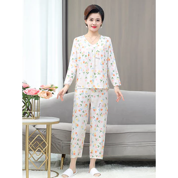set đồ ngủ dài set thu đông nữ Bộ đồ ngủ cho mẹ, bộ đồ lụa mỏng mùa hè xuân thu cho nữ, bộ đồ mặc nhà bằng lụa cotton cho người trung niên và cao tuổi, bộ đồ hai chiếc dài tay cotton nhân tạo