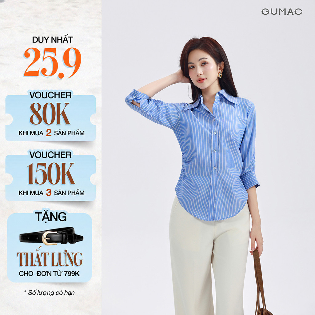 Áo Sơ Mi Nữ GUMAC Áo Kiểu Công Sở Kẻ Sọc Tay Lửng Chiết Ly Eo Vải Kate Cao Cấp AF01024