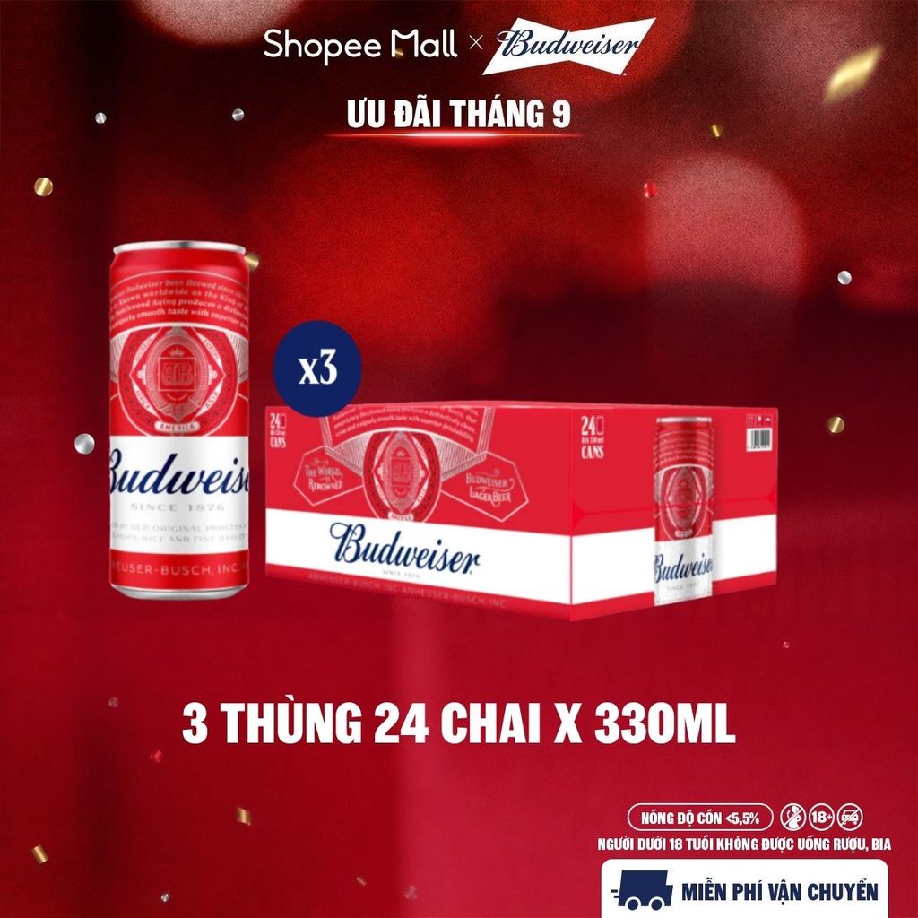 Nồng Độ Cồn 5.0% - Combo 3 Thùng 24 Lon Bia Budweiser Sleek Can Chính Hãng (330ml/ lon)