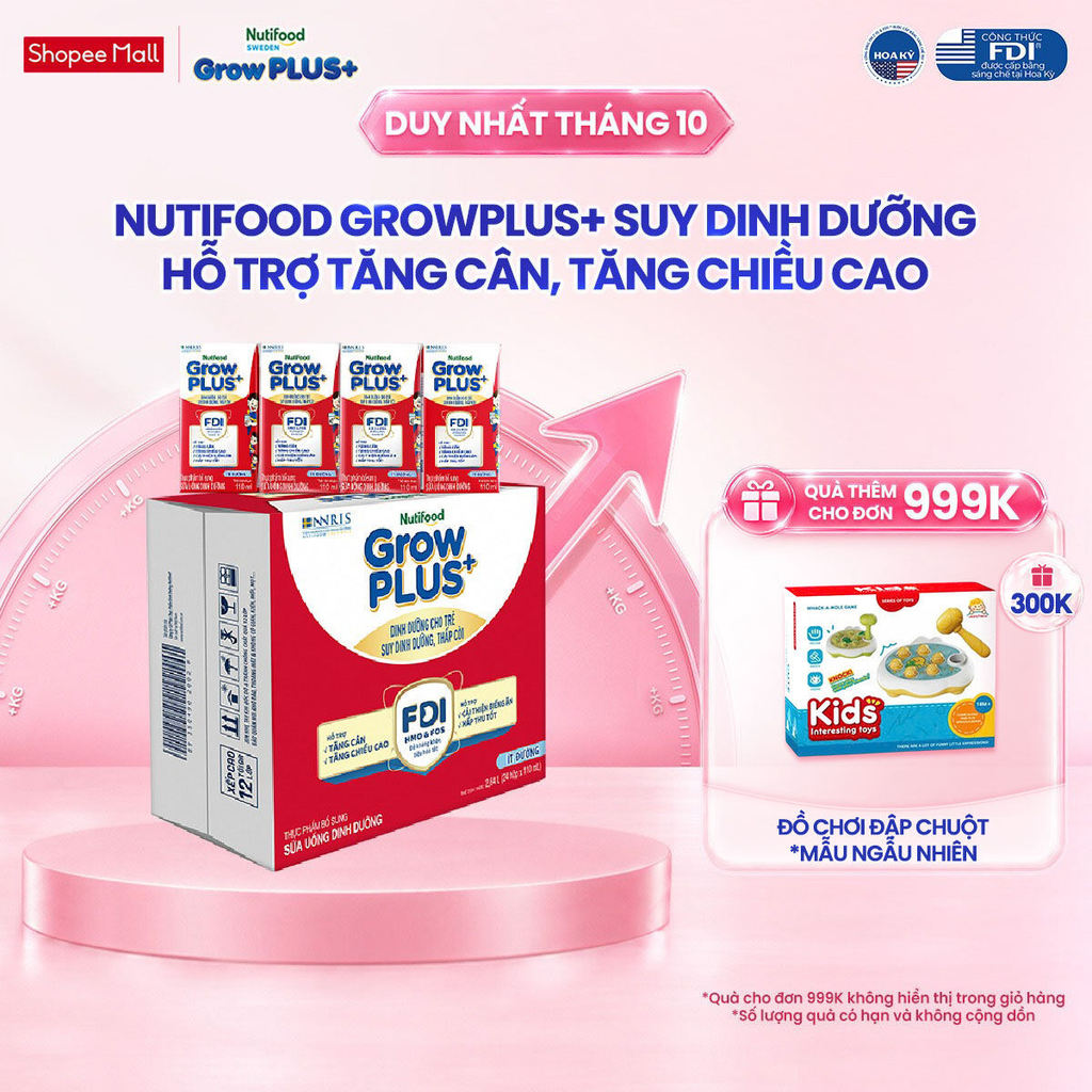 Thùng 24 hộp SBPS Nutifood GrowPLUS+ Suy Dinh Dưỡng (Đỏ) Ít đường 110ml - Tăng Cân, Tăng Chiều Cao (Bao bì tùy lô hàng)