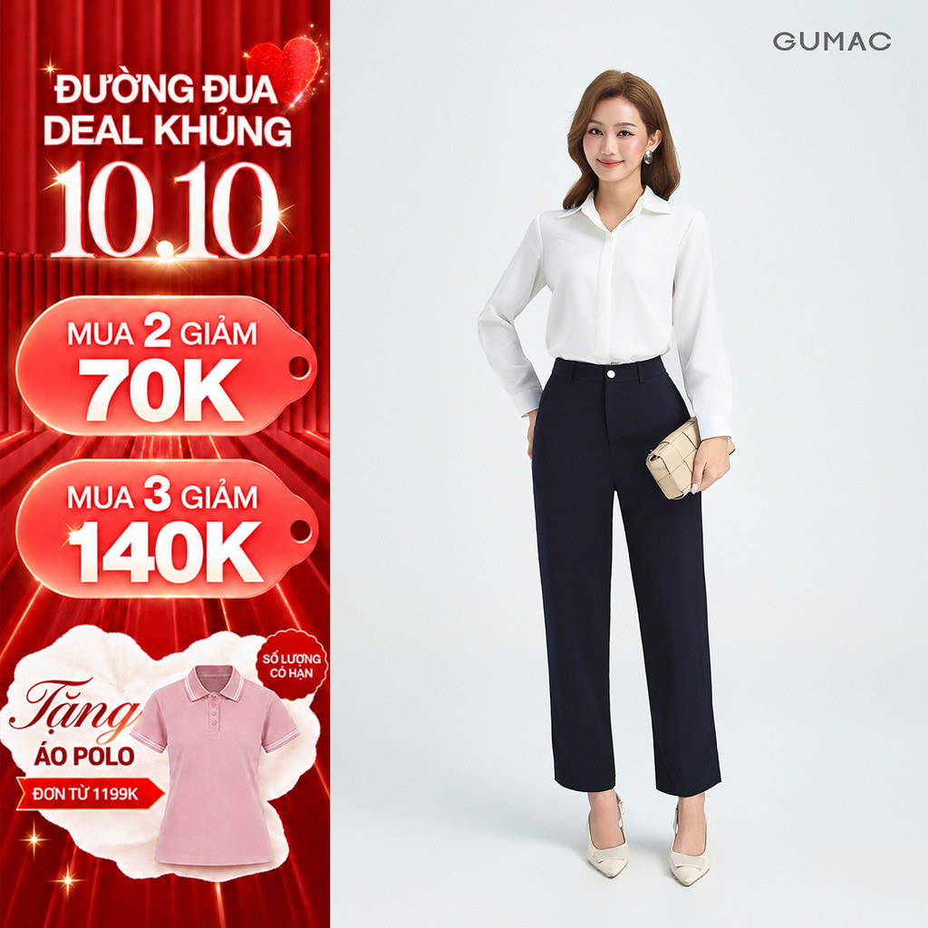 [NHẬP MÃ OLLPOCT20 GIẢM 20%] Quần Tây Nữ Ống Đứng 91cm GUMAC Quần Baggy Công Sở Lưng Cao Cài Khuy Chất Tuyết Mưa LQE0819