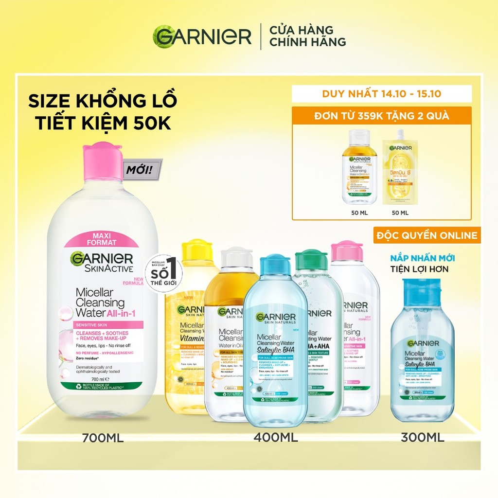 [CÓ SIZE MỚI] Nước Tẩy Trang làm sạch sâu dịu nhẹ cho mọi loại da - Garnier Micellar Cleansing Water 400ml & 700ml
