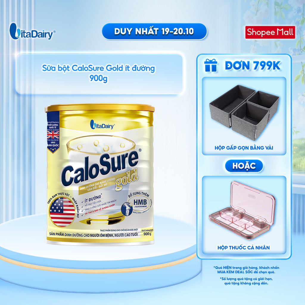 Sữa bột CaloSure Gold ít đường - Bổ sung năng lượng, giúp tiêu hoá khoẻ, hỗ trợ xương khớp khoẻ