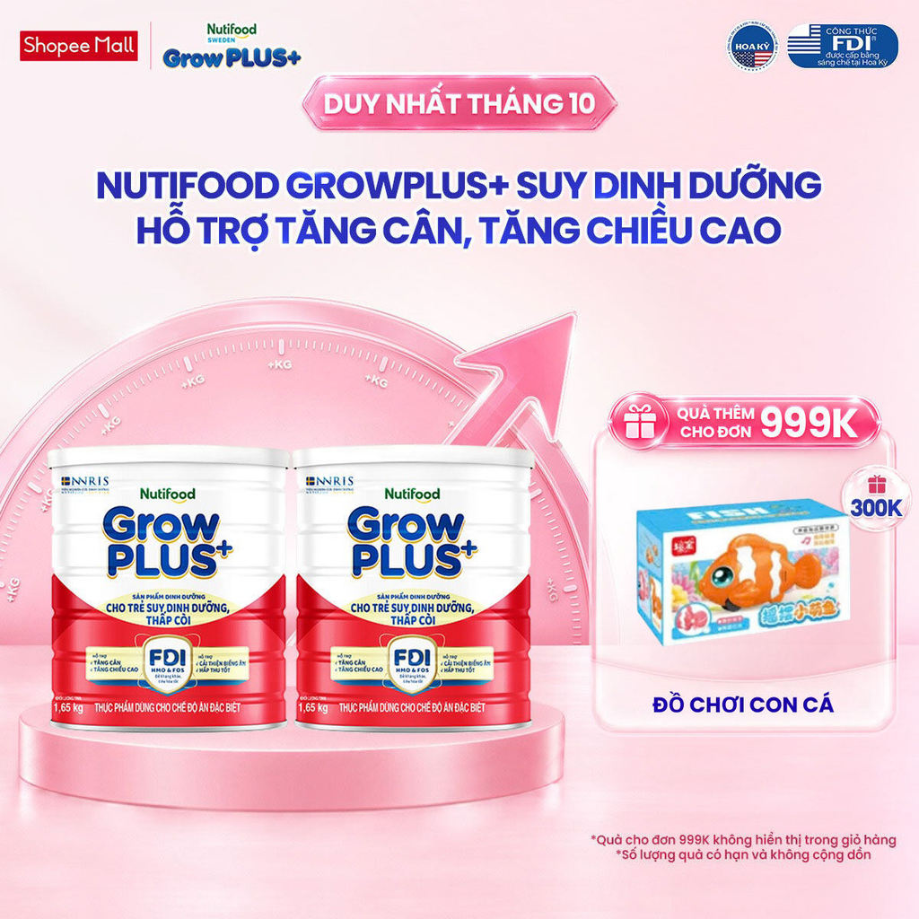 Combo 2 Sữa bột Nutifood GrowPLUS+ Suy Dinh Dưỡng (Đỏ) 1+ - Tăng Cân, Tăng Chiều Cao (2 Lon 1,65 Kg)