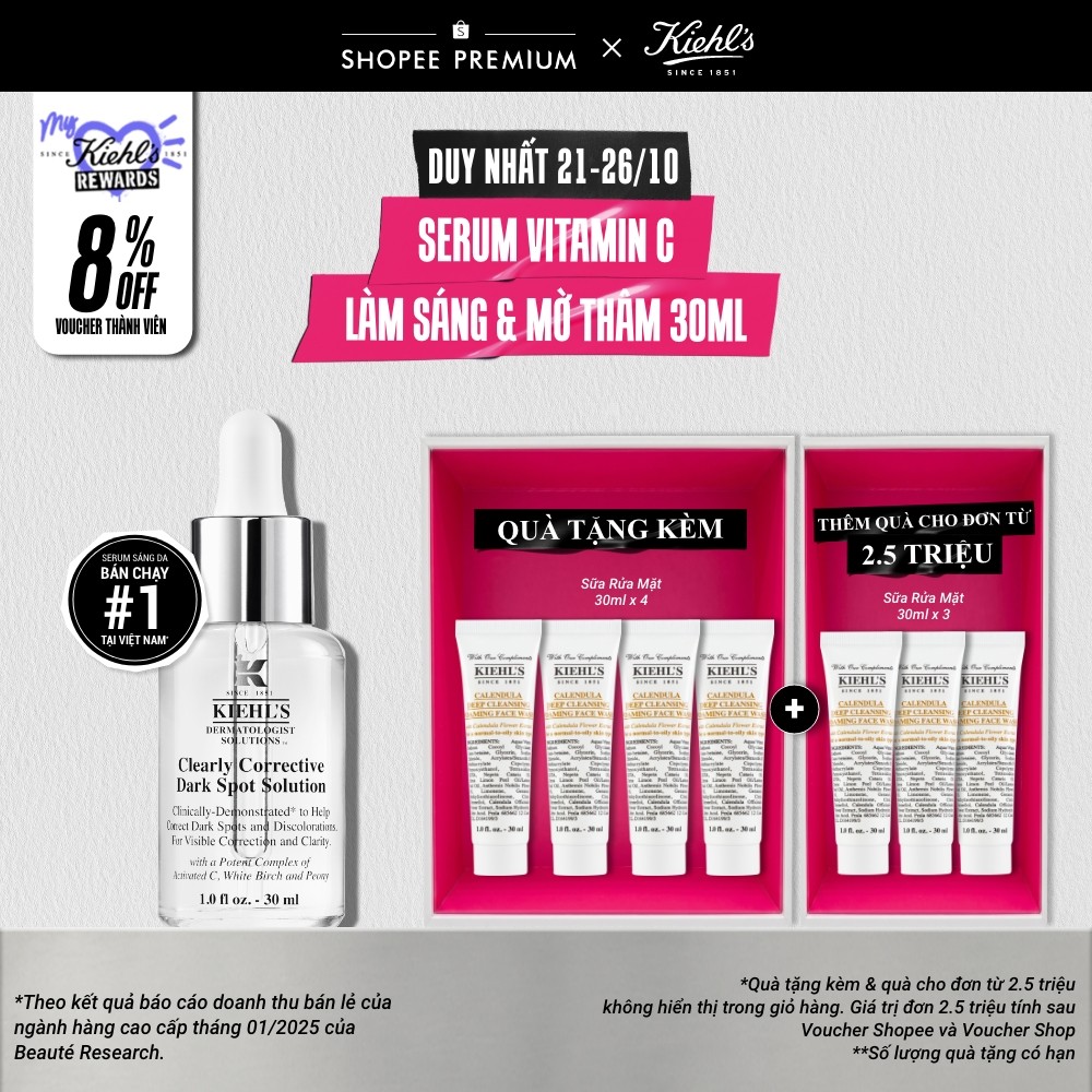 Serum Vitamin C làm sáng da & mờ thâm mụn Kiehl's Clearly Corrective™ Dark Spot Solution 30ml