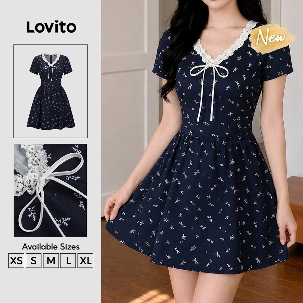 (New Arrival) Lovito Đầm nữ màu Xanh dương ngắn dáng chữ a bằng Ren Hoa nhí Phong cách thường ngày mặc cuối tuần mùa xuân hè DRB204P1D464