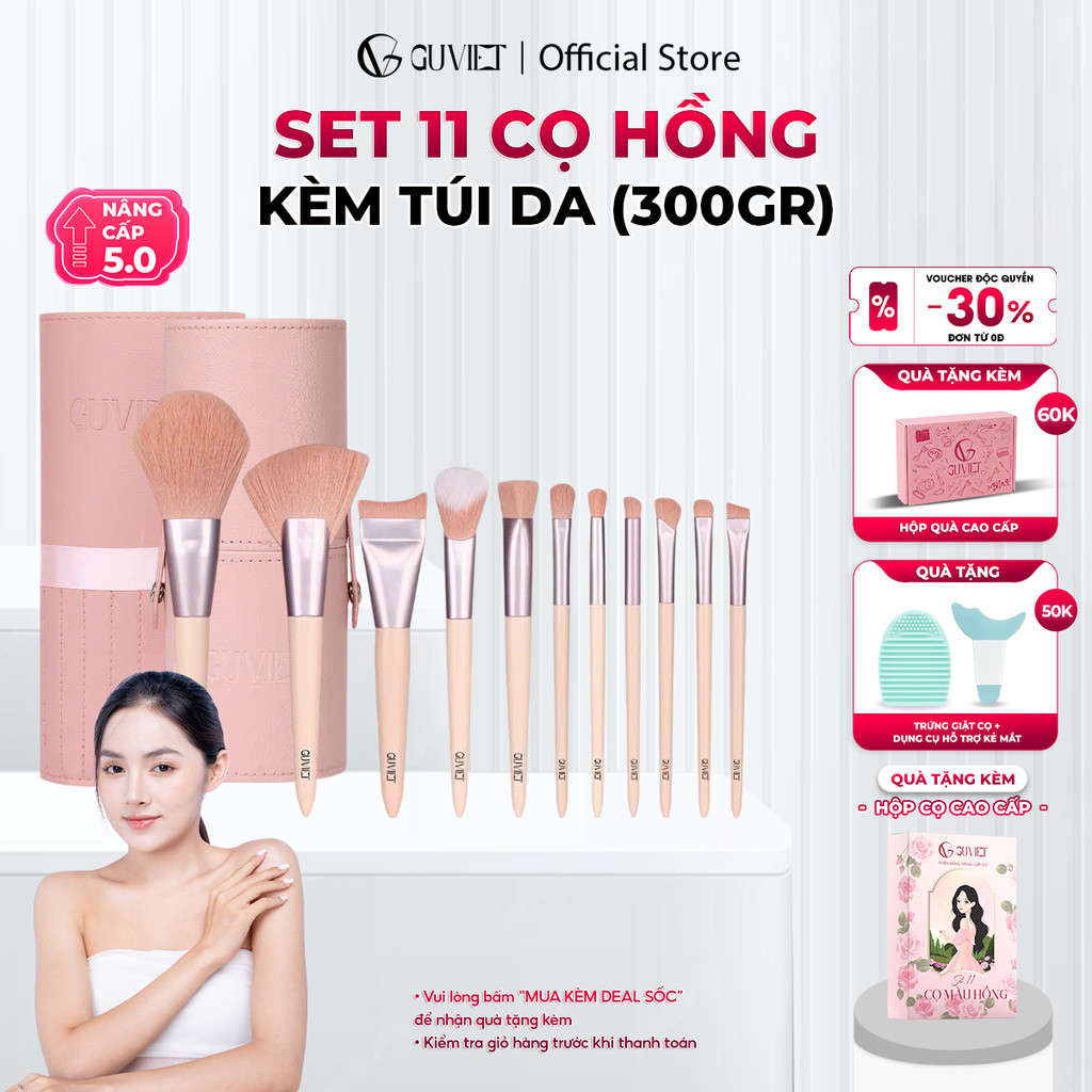 Bộ Cọ Trang Điểm Cá Nhân GUVIET 11 Cây Màu Hồng Kèm Túi Da Đựng Cùng Màu 300gr