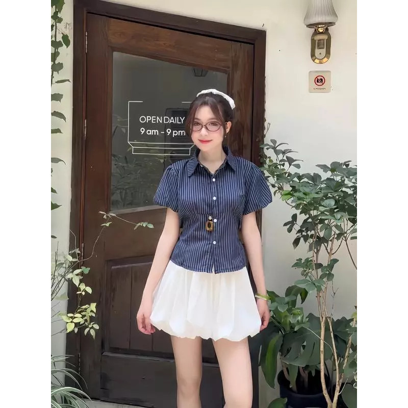 Áo Sơ Mi Kẻ Tay Bồng - Áo Kiểu Babydoll Kẻ Chiết Eo Phối Dây Buộc Eo Xinh Xắn_A532,A604