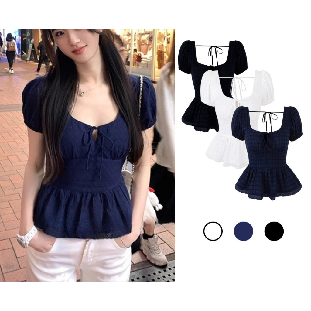 Áo Babydoll Thắt Eo, Smock Lưng Ôm Dáng Cực Xinh Màu Xanh Kiểu Cổ Vuông Hàn Quốc_A649