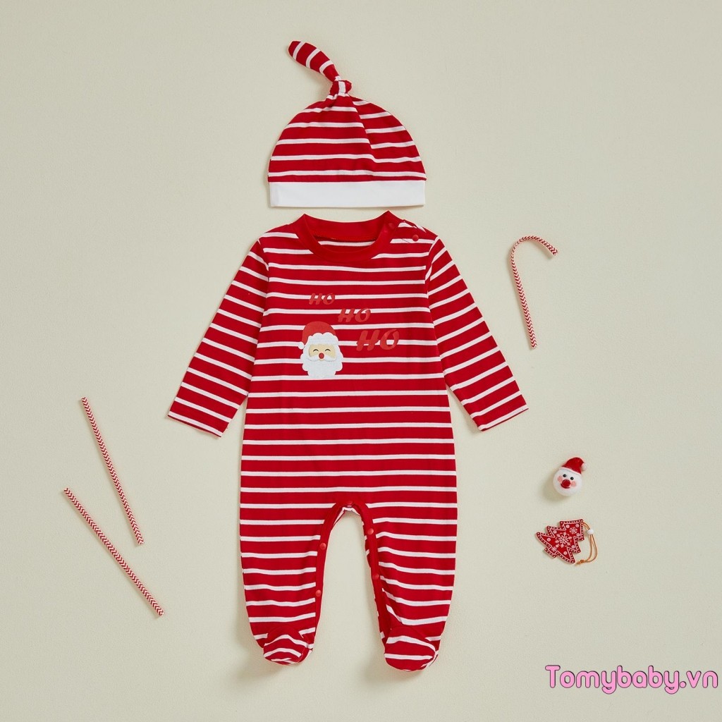 Áo liền quần sọc Giáng sinh cho bé Bộ áo liền quần dài tay in hình ông già Noel thời trang + Mũ
