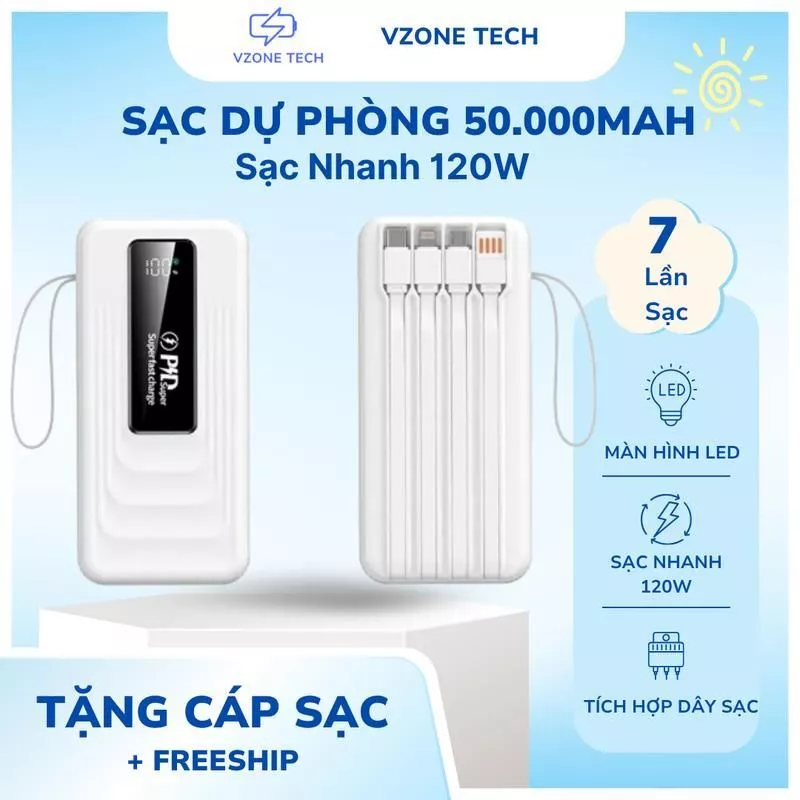 SẠC DỰ PHÒNG 50000mAh | SẠC NHANH 120W | 4 CỔNG SẠC – 4 Cáp Sạc - Có Sạc Nhanh
