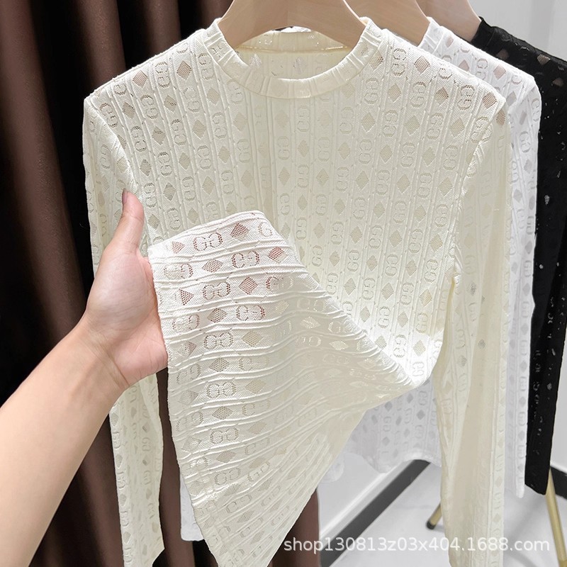 Áo thun ren cổ tròn lưới dài tay thời trang cho nữ xuân thu đông