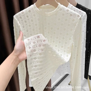 Áo thun ren cổ tròn lưới dài tay thời trang cho nữ xuân thu đông
