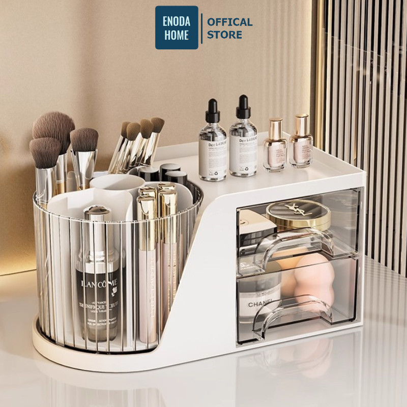 Khay Đựng Đồ Trang Điểm Để Bàn ENODA HOME, Khay Đựng Đồ Makeup Kèm Ống Đựng Cọ Xoay Tròn P056