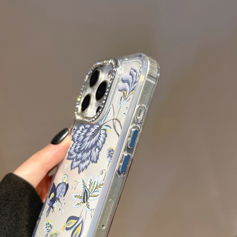Ốp điện thoại trong suốt họa tiết chim hoa xanh cho Motorola Moto Edge 50 60 Fusion 40 NEO G22 E32 G G75 G15 Power G05 E15 S50 E22 E22i E20 E30 E40 E13Casing Vỏ kim cương giả chống rơi