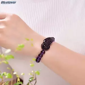Bluelover Vòng tay thạch anh tím Pixiu Mang theo Luy Wealth Phong thủy Trung Quốc Quái thú Hạt pha lê Vòng tay dự tiệc Quà tặng sinh nhật Nam Nữ Mới