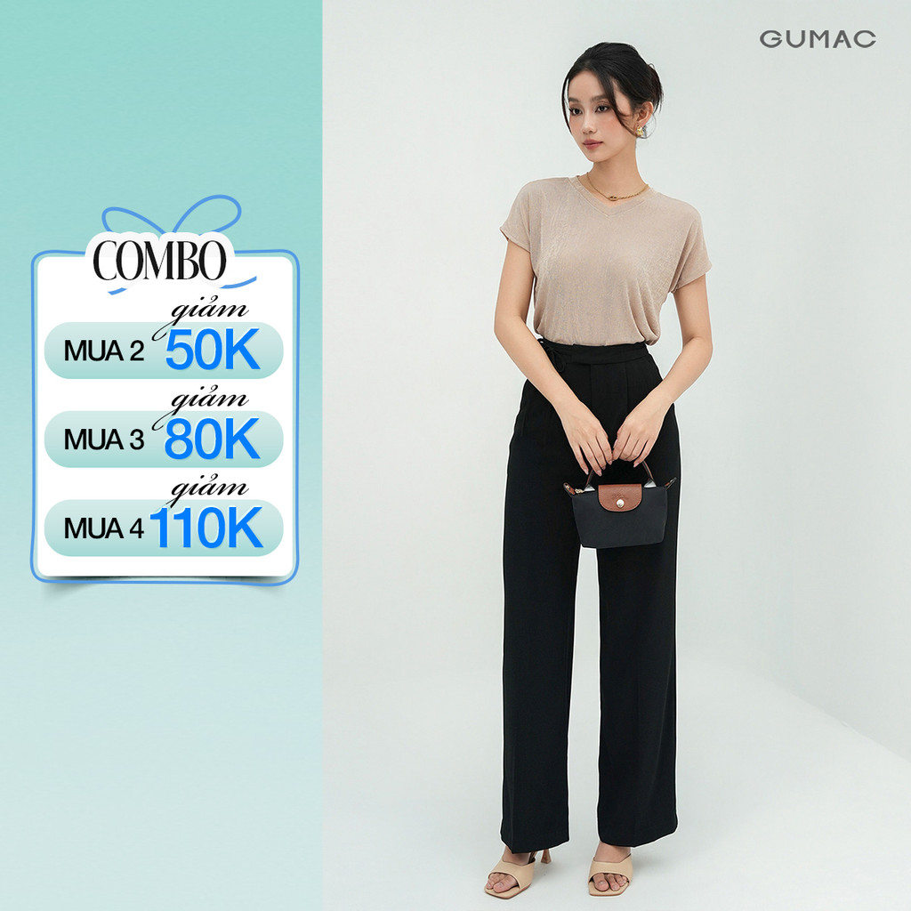Quần Tây Nữ GUMAC Ống Suông Lưng Cao Cạp Cao Phối Dây Thắt Nơ Có Túi Thanh Lịch LQF1012 - LQG0501