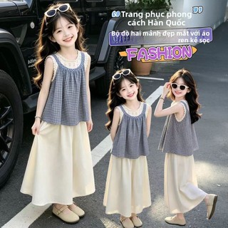 Bộ bé gái mùa hè Hàn Quốc - áo sát nách phối ren quần ống rộng giả váy 2 món